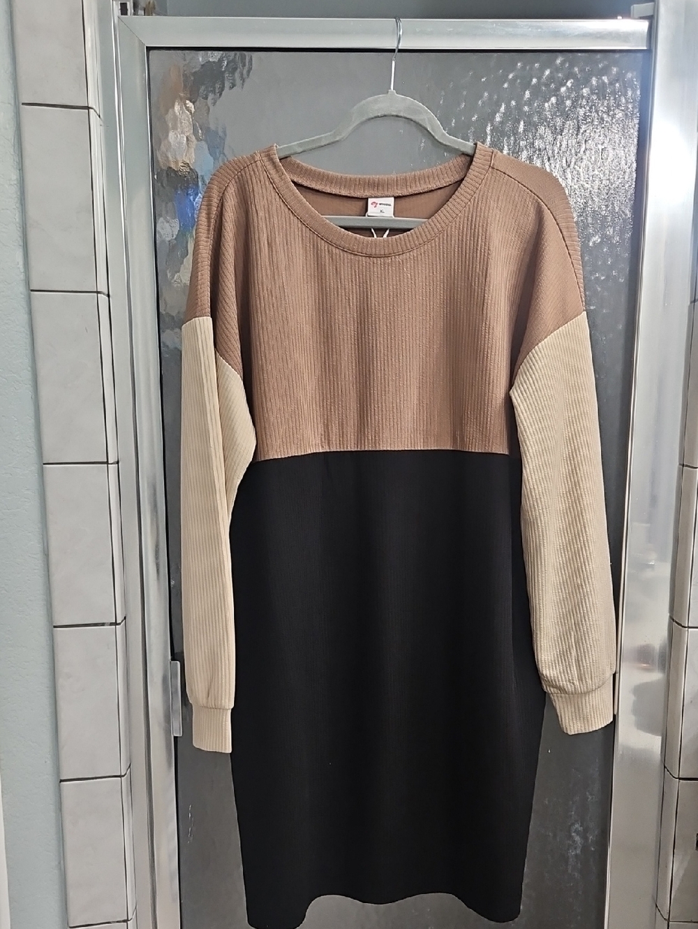 Colorblock Ribbed Long Sleeve Dress - Brown/Beige/Black